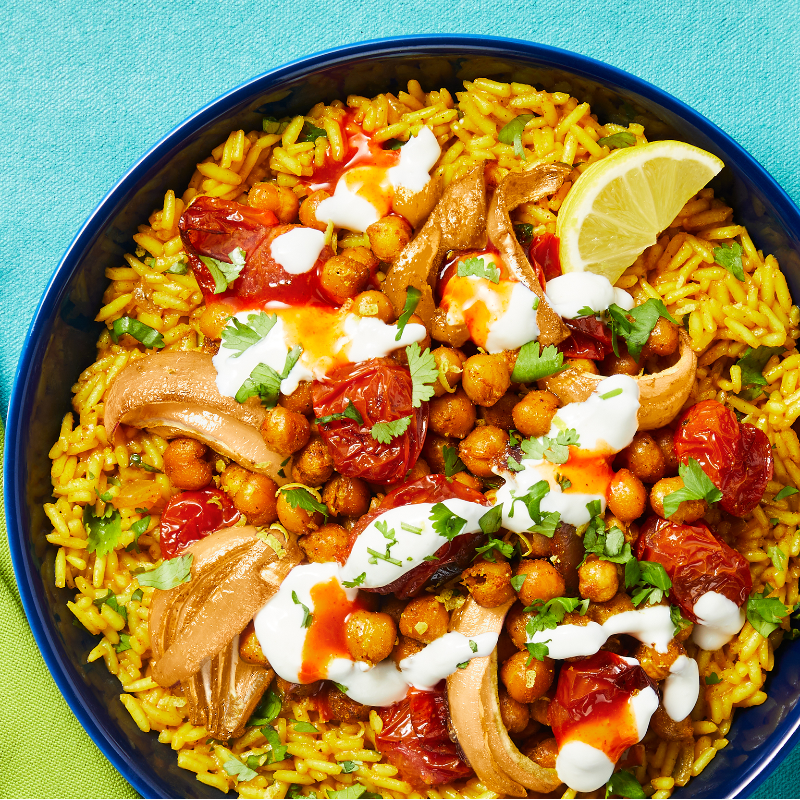 Vegan Turkish-Spiced Chickpea Bowls with Pistachio Basmati Rice & Lemon-Herb Hummus Sauce Main Image